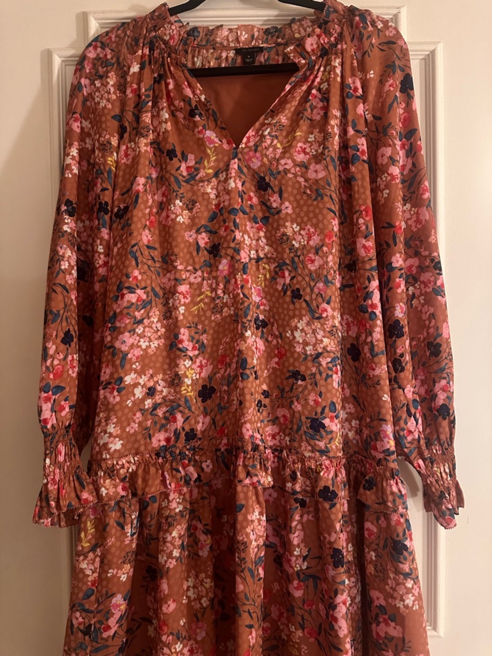 Ann Taylor Rose-Pink Floral Tiered Long-Sleeve Dress - Picture 3 of 5